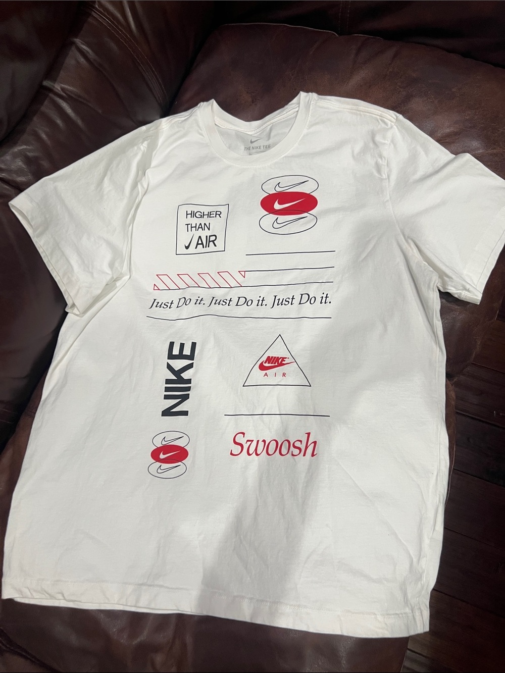 Nike White Short Sleeve Graphic Swoosh Tee with Red & Black Accents